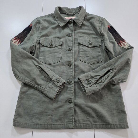 Levi's Army Shirt Jacket  Womens XS Military Green Wings Aztec Embroidery Hippie - Picture 14 of 16